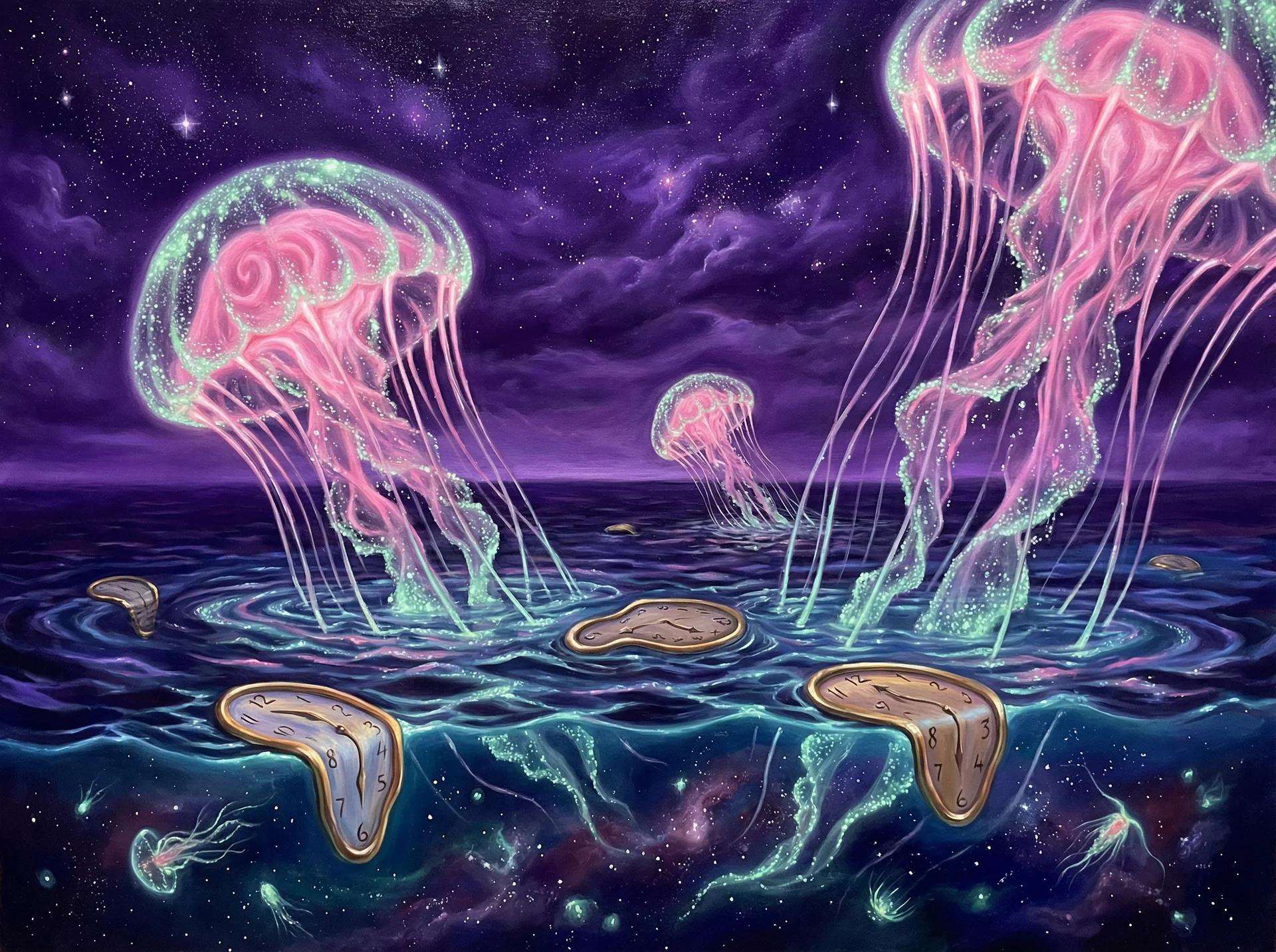 超现实梦境画作 - 深海水母与融化时钟，关联 福彩3d 幸运号码