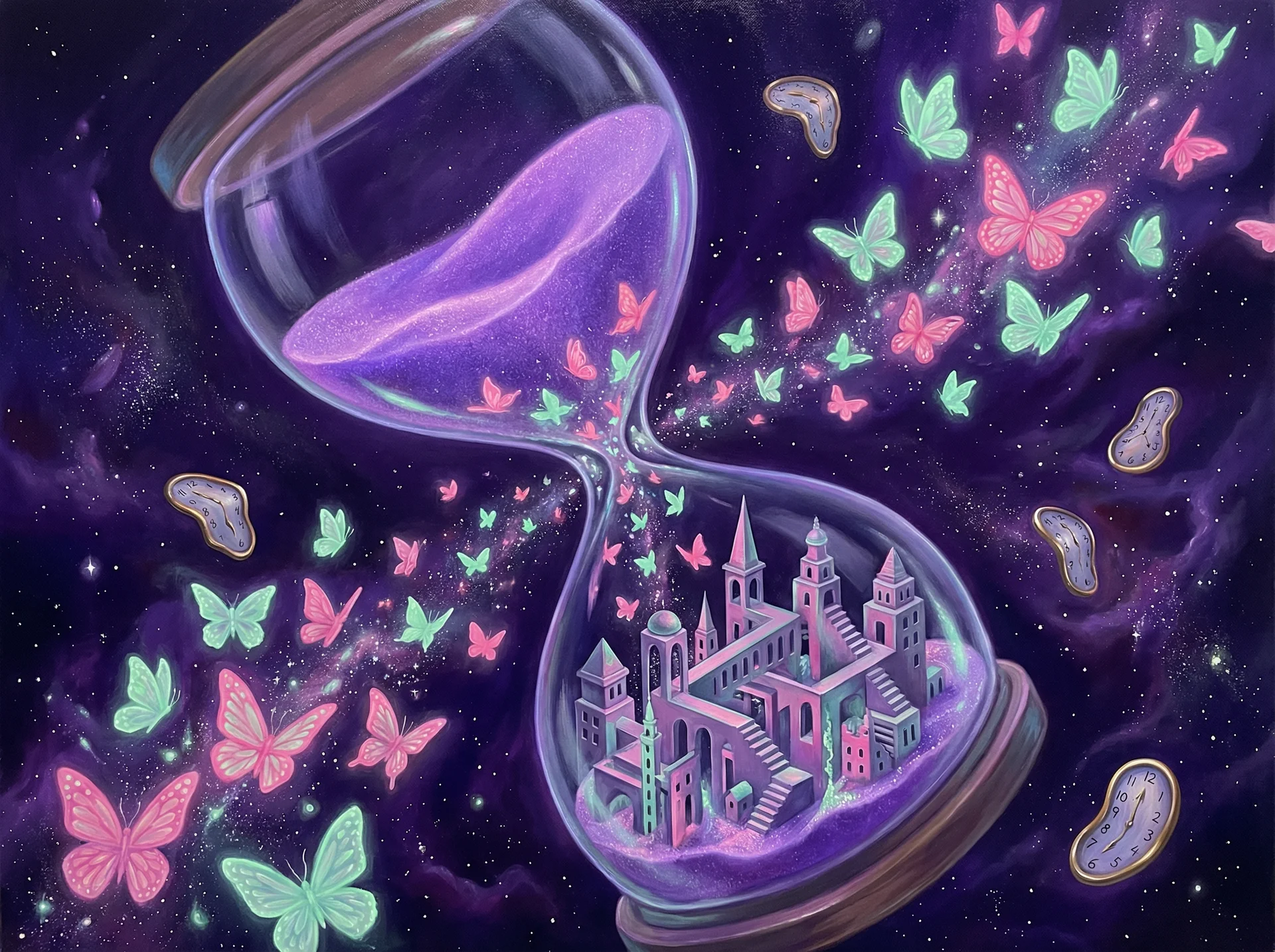 超现实梦境画作 - 时间沙漏与蝴蝶变幻，关联 福彩3d 幸运号码